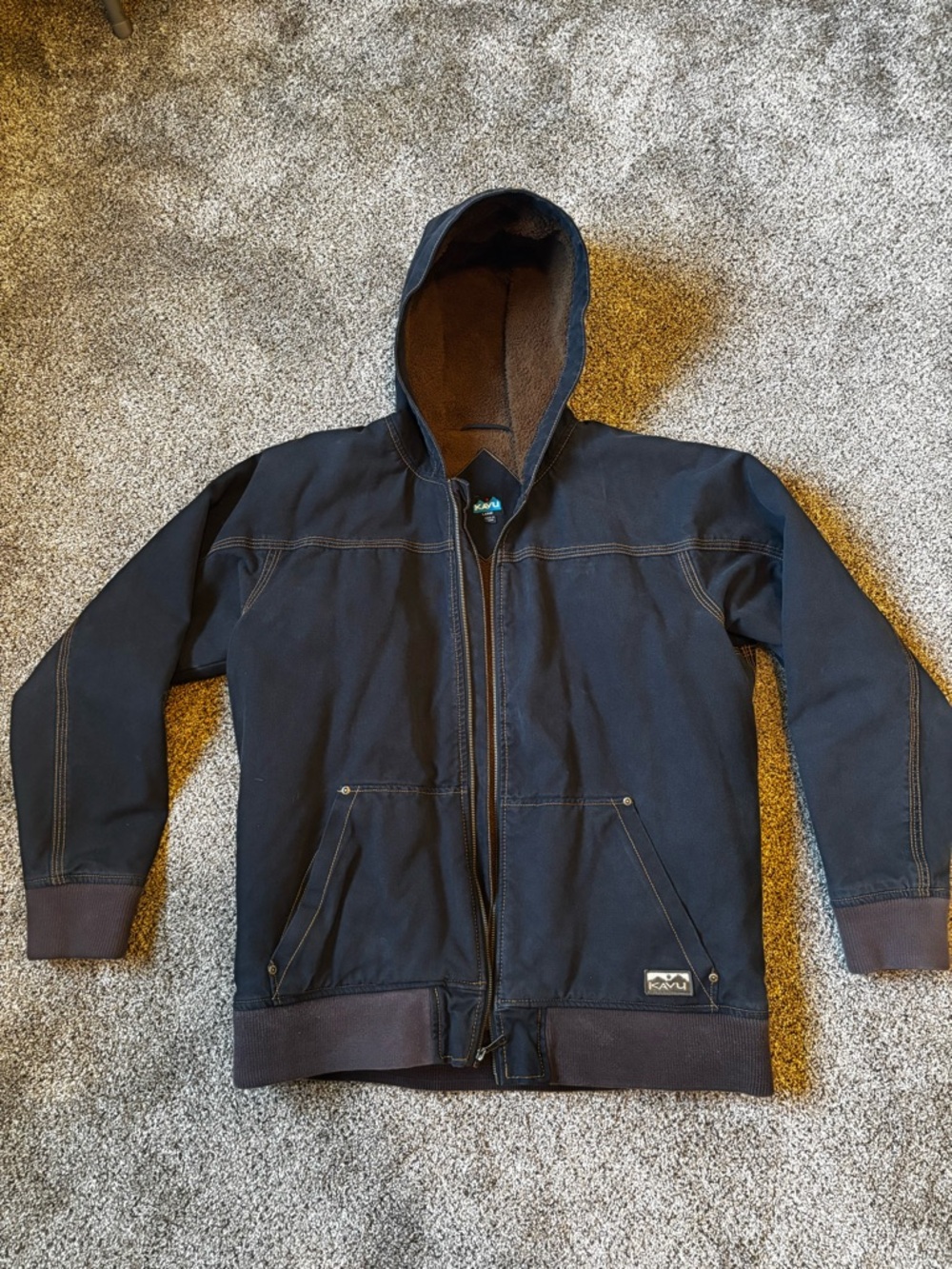 Kavu Men's Hooded Zip Jacket in Navy with Brown Trim